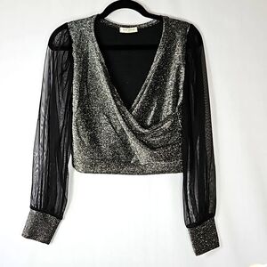 Made in Italy Women's Metallic Sheer Mesh Long  Sleeve Crop Top
